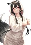  1girl absurdres animal_ear_fluff animal_ears black_hair closed_mouth cowboy_shot extra_ears fox_ears fox_girl fox_tail highres hood hood_up hoodie long_sleeves looking_at_viewer nakanishi_tatsuya original pointing pointing_to_the_side red_eyes short_hair_with_long_locks sidelocks simple_background smile solo tail white_background white_hoodie 