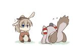  all_fours alternate_costume amatsukaze_(kantai_collection) animal_costume blue_eyes brown_hair flying_sweatdrops hair_tubes hat high_ponytail kantai_collection kumano_(kantai_collection) long_hair miyo_(miyomiyo01) multiple_girls ponytail silver_hair simple_background sitting squirrel_costume squirrel_tail tail two_side_up white_background 