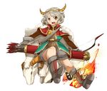  anila_(buddhism) armor arrow bad_id bad_pixiv_id boots bow_(weapon) buddhism chinese_zodiac curly_hair full_body fur gloves hairband hikimayu horns kirin_(abebe) light_brown_hair open_mouth original quiver sheep sheep_horns simple_background solo teeth weapon white_background yellow_eyes 
