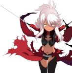  1girl absurdres armor black_panties breastplate breasts bridal_gauntlets cape chloe_von_einzbern dark-skinned_female dark_skin dual_wielding fate/kaleid_liner_prisma_illya fate_(series) half_updo highres holding kanshou_&amp;_bakuya_(fate) long_hair long_sleeves looking_at_viewer navel orange_eyes panties pink_hair red_cape shimejinameko showgirl_skirt shrug_(clothing) sidelocks small_breasts smile stomach_tattoo sword tattoo thighs underwear weapon 