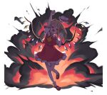  &gt;_&lt; 1girl arm_up clenched_hands commentary explosion flandre_scarlet full_body garasuno hand_up hat highres mob_cap neck_ribbon open_mouth pink_hat red_shirt red_skirt ribbon shirt skirt solo touhou wings yellow_ribbon 