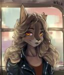 anthro canid canine canis clothing facial_piercing female jacket leather leather_clothing leather_jacket leather_topwear mammal nose_piercing piercing portrait smile solo topwear welive wolf wyla_(character)