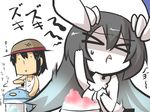  &gt;_&lt; 1girl :x admiral_(kantai_collection) anchorage_water_oni black_hair brain_freeze closed_eyes commentary goma_(gomasamune) hat horns ice_shaver kantai_collection long_hair shaved_ice shinkaisei-kan short_hair sketch straw_hat sweatdrop themed_object translated triangle_mouth 