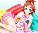  bare_legs brown_hair creature dog eyebrows go!_princess_precure green_eyes hair_ornament hairclip haruno_haruka masako_(sabotage-mode) pillow pink_skirt precure puff_(go!_princess_precure) short_hair skirt smile thick_eyebrows 