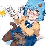  3d alcohol arm_behind_back beer black_pantyhose blue_bow blue_bowtie blue_hair blue_skirt borrowed_character bow bowtie burger cat cellphone collared_shirt feet food hamburger-chan_(hundredburger) hand_up highres holding holding_phone hundredburger long_sleeves looking_at_viewer original pantyhose phone photoshop_(medium) pleated_skirt semi-rimless_eyewear shirt short_hair sitting skirt smartphone smile solo under-rim_eyewear wariza white_shirt 