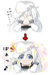  2koma :d blue_eyes comic commentary covering_eyes eighth_note flat_cap hammer_and_sickle hat hibiki_(kantai_collection) highres kantai_collection long_hair long_sleeves musical_note open_mouth russian shimashima_nezumi silver_hair simple_background smile sparkle translated verniy_(kantai_collection) white_background 