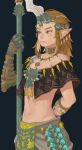  1boy arm_behind_back black_background blonde_hair blue_eyes closed_mouth earrings highres holding holding_weapon ivy_(sena0119) jewelry link long_hair navel pointy_ears simple_background skirt solo stomach the_legend_of_zelda the_legend_of_zelda:_tears_of_the_kingdom weapon 