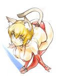  :3 animal_ears ass bent_over blonde_hair blue_eyes breasts cat_ears cat_tail character_request chikuwa_(tks) cleavage elbow_gloves gloves large_breasts red_gloves red_legwear shadow short_hair simple_background skindentation solo tail thighhighs white_background 