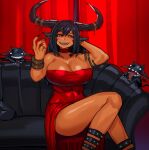  1girl bare_shoulders black_hair black_nails breasts cleavage couch demon_girl dress ear_piercing ezzydraws fingernails highres horns large_breasts long_hair looking_at_viewer on_couch original piercing pointy_ears red_dress red_eyes sharp_fingernails sitting solo teeth upper_teeth_only 
