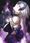  1girl armor armored_dress bare_shoulders black_dress blush breasts chain cleavage collar dress fate/grand_order fate_(series) faulds fur-trimmed_gloves fur_trim gauntlets gloves grey_hair headpiece highres jeanne_d&#039;arc_alter_(avenger)_(fate) jeanne_d&#039;arc_alter_(avenger)_(third_ascension)_(fate) jeanne_d&#039;arc_alter_(fate) large_breasts long_hair looking_at_viewer metal_collar open_mouth ri_o_ne_su solo very_long_hair yellow_eyes 