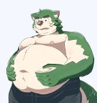  anthro belly blush canid canine canis clothed clothing domestic_dog eyebrows fur green_body green_fur hi_res lifewonders live_a_hero male mammal mokdai navel nipples overweight pecs solo thick_eyebrows topless toto3_official 