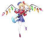  1girl absurdres alternate_costume blue_skirt crystal_wings electric_guitar flandre_scarlet ggs guitar hair_ribbon hand_up hat highres instrument mary_janes mini_hat open_mouth red_ribbon ribbon shoes side_ponytail simple_background skirt smile solo thighhighs touhou white_background white_thighhighs 