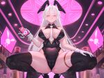  1girl :q animal_ears ass bare_shoulders black_thighhighs breasts cellphone gloves holding holding_phone long_hair looking_at_viewer moco_(moco_28) original phone pink_eyes playboy_bunny rabbit_ears smartphone smile solo spread_legs squatting thighhighs tiptoes tongue tongue_out very_long_hair white_gloves white_hair 