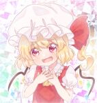  1girl ascot blonde_hair crystal_wings dress flandre_scarlet frilled_dress frills hand_on_own_chest hat hat_ribbon mob_cap open_mouth puffy_sleeves red_ribbon ribbon sacchan_happy side_ponytail solo touhou upper_body yellow_ascot 