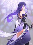  absurdres acheron_(honkai:_star_rail) bare_back bare_shoulders black_gloves black_shorts breasts chain commentary elbow_gloves gloves highres holding holding_sword holding_weapon honkai:_star_rail honkai_(series) joihon katana long_hair looking_at_viewer purple_eyes purple_hair scabbard sheath sheathed short_shorts shorts small_breasts standing sword thighs very_long_hair weapon 