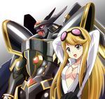  1girl alphamon armor arms_up bandai blonde_hair breasts cape collarbone digimon digimon_story:_cyber_sleuth female full_armor gloves kuremi_kyouko long_hair long_sleeves monster necklace no_bra open_dress open_shirt royal_knights shirt smile sunglasses sunglasses_on_head very_long_hair white_shirt 