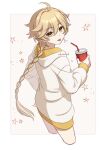  1boy aether_(genshin_impact) ar_(rikuesuto) blonde_hair braid cup disposable_cup drinking_straw earrings genshin_impact hair_between_eyes hair_ornament holding holding_cup hood hoodie jewelry long_hair long_sleeves male_focus solo star_(symbol) tongue tongue_out white_hoodie yellow_eyes 