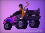 anthro big_breasts big_tires bottomwear breasts butt clothed clothing felid female flame_pattern fur grey_clothing hair hotpants leaning_on_vehicle mammal monster_truck orange_body orange_fur pantherine shirt shorts solo spoiler_(car) sr_empanada striped_body stripes tank_top tiger topwear truck_(vehicle) vehicle yukami_jewels zak898