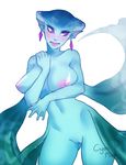  1girl blue_skin breasts cyanmint earrings fish_girl jewelry monster_girl navel nipples nude ocarina_of_time princess_ruto purple_eyes pussy simple_background solo the_legend_of_zelda the_legend_of_zelda:_ocarina_of_time uncensored 