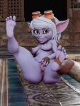  4_fingers 4_toes bathroom feet female fingers fmrenderin genitals hair hi_res humanoid league_of_legends purple_body pussy riot_games solo spread_legs spread_pussy spreading stirrup_legwear tencent toes tristana_(lol) white_hair yordle 