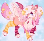 2024 absurd_res alternate_color alternative_fashion ambiguous_gender bat_wings canid claws clothing dusk_lycanroc ear_piercing fakemon feathered_wings feathers feral footwear frown generation_7_pokemon hi_res klbblez looking_aside lycanroc mammal membrane_(anatomy) membranous_wings nintendo pawpads paws piercing pokemon pokemon_(species) scene_(fashion) simplified_pawpads socks solo sparkledog spikes spikes_(anatomy) wings