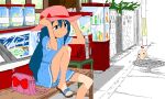  1girl aoyama_kotoha_(mitsuboshi_colors) bag blue_dress blue_hair blush cameo candy_jar closed_mouth cooler creature doseisan dress foot_out_of_frame gumball_machine handbag hat holding holding_clothes holding_hat knee_up long_hair looking_ahead manhole mitsuboshi_colors mother_(game) outdoors pink_hat sandals shade short_dress short_sleeves smile solo storefront sun_hat utility_pole v-shaped_eyebrows yamamoto_yuusuke_(animator) yellow_eyes 