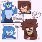  anthro avian beak belt belt_buckle bird blue_hair bottomwear brown_hair clothed clothing clover_(undertale_yellow) clownboo_art cowboy_hat dialogue digital_media_(artwork) duo english_text feathered_wings feathers female hair hat headgear headwear hi_res human long_hair looking_at_viewer male mammal martlet_(undertale_yellow) martlet_(zenith_form) open_mouth scared scarf simple_background smile standing text topwear tuft undertale undertale_(series) undertale_yellow wings 