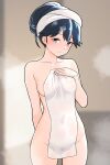 1girl after_bathing black_hair blue_eyes blurry blurry_background blush breasts closed_mouth collarbone covered_nipples covering_privates cowboy_shot female_pubic_hair furaggu_(frag_0416) hand_on_own_chest highres holding holding_towel houshou_(kancolle) kantai_collection long_hair looking_at_viewer medium_breasts nude_cover pubic_hair see-through solo standing steam towel towel_on_head 