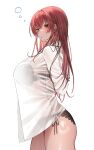  1girl breasts collared_shirt heterochromia highres hololive houshou_marine lingerie medium_hair multicolored_eyes red_eyes red_hair see-through see-through_shirt shirt simple_background solo takeno_omoti underwear white_background yellow_eyes 