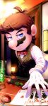  1boy aoriao black_suit bow casino casino_card_table cup drink english_commentary facial_hair gloves highres ice mario mario_(series) mustache new_super_mario_bros. poker poker_chip red_bow signature smile smirk smug suit super_mario_64_ds table tagme 