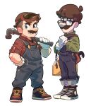  2boys blue_eyes blue_overalls brown_hair facial_hair glasses gloves green_shirt hat highres horizontal-striped_socks industrial_pipe luigi mario mario_(series) multiple_boys mustache overalls red_shirt redlhzz shirt short_hair smile socks striped_clothes striped_socks the_super_mario_bros._movie toolbox white_gloves 