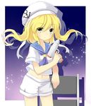  anchor_symbol bad_id bad_pixiv_id blonde_hair blue_sailor_collar ellipsis_(mitei) expressionless gradient gradient_background gun hat kitashirakawa_chiyuri long_hair looking_at_viewer midriff navel purple_background sailor_collar sailor_hat shadow short_sleeves shorts solo touhou touhou_(pc-98) twintails weapon yellow_eyes 