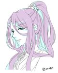  androgynous aqua_eyes banned_artist hachisuka_kotetsu high_ponytail limited_palette long_hair male_focus parted_lips purple_hair solo touken_ranbu twitter_username upper_body white_background yoshii 