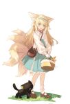  1boy 1girl absurdres animal_ears arknights bag baguette basket blonde_hair blue_skirt bread brown_footwear chenmu_sora closed_eyes food fox_ears fox_girl fox_tail grass green_eyes high-waist_skirt highres holding holding_basket kitsune long_hair long_sleeves looking_at_another looking_down luo_xiaohei luo_xiaohei_(cat) luo_xiaohei_zhanji mary_janes multiple_tails official_alternate_costume open_mouth puffy_sleeves shirt shoes simple_background skirt smile socks suzuran_(arknights) suzuran_(spring_praise)_(arknights) tail white_background white_shirt white_socks 