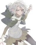  1boy androgynous black_eyes capelet closed_mouth dungeon_meshi elf hair_flowing_over highres male_focus mara_universe medium_hair mithrun pointy_ears shirt simple_background solo white_background white_hair white_shirt 