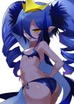  1girl ass bare_shoulders bikini blue_bikini blue_cape blue_hair blush bombergirl breasts cape crown drill_hair hair_between_eyes highres lewisia_aquablue long_hair looking_at_viewer micro_bikini open_mouth pointy_ears popped_collar shade shimejinameko small_breasts smile solo swimsuit thick_thighs thighs tongue tongue_out twin_drills yellow_eyes 