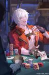  2boys absurdres ace_(playing_card) ace_of_hearts alcohol bar_(place) bishounen black_gloves blue_coat blue_eyes card coat cup dante_(devil_may_cry) demon_boy devil_may_cry_(series) devil_may_cry_3 fang fangs fingerless_gloves gloves hair_between_eyes hair_slicked_back heart highres holding holding_card looking_at_viewer male_focus multiple_boys muscular muscular_male open_clothes playing_card poker poker_table qiezi_guaishou rebellion_(sword) smile sword table toned toned_male vergil_(devil_may_cry) weapon white_hair 