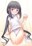  1girl barefoot black_hair blue_eyes blush breasts commentary_request dress embarrassed ina_(inadahime) kaoru-chan_(ina_(inadahime)) long_hair looking_at_viewer low_twintails original panties short_dress side-tie_panties sitting small_breasts solo twintails underwear untied_panties white_dress white_panties 