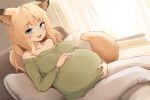  1girl :d animal_ear_fluff animal_ears batta_(kanzume_quality) blonde_hair blue_eyes blush breasts commentary_request day dutch_angle fox_ears fox_girl fox_tail green_sweater hands_on_own_stomach indoors kitsune_no_oyome-chan long_hair long_sleeves looking_at_viewer medium_breasts off-shoulder_sweater off_shoulder open_mouth pants pillow pregnant sitting smile solo sunlight sweater tail teeth upper_teeth_only white_pants 