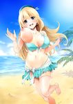  aqua_bikini atago_(kantai_collection) bad_id bad_pixiv_id barefoot beach beret bikini blonde_hair blue_sky blush bouncing_breasts breast_slip breasts cloud collarbone covered_nipples day footprints girly_running grey_eyes hat kantai_collection large_breasts long_hair looking_at_viewer momochieri navel nipples one_breast_out open_mouth outdoors palm_tree running shadow skindentation sky smile solo standing standing_on_one_leg string_bikini sun swimsuit tree tree_branch unaligned_breasts wardrobe_malfunction 