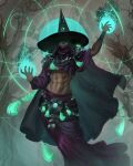  1girl abs absurdres armor breasts caio_santos colored_skin dark_skin glowing glowing_eyes hades_(series) hades_2 hat hecate_(hades) highres hood magic mask mouth_mask muscular navel shoulder_armor tagme toned_female underboob witch_hat 
