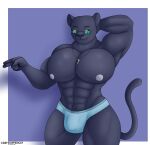 absurd_res anthro big_pecs black_body black_fur bulge clothing collar day-tripper-guy eyewear felid feline fur glasses green_eyes hi_res male mammal muscular muscular_anthro muscular_male nipples pantherine pecs pose solo thick_thighs underwear