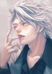  1boy artist_name commentary finger_in_own_mouth grey_background grey_eyes highres jacket lips long_sleeves madarame_baku male_focus parted_lips po_(vvrk7838) short_hair teeth upper_body usogui white_hair white_jacket 
