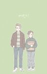  2boys aged_down blonde_hair brothers brown_hair cereal_box dean_winchester full_body green_eyes hand_in_pocket highres korean_text male_focus mature_male multiple_boys sam_winchester short_hair siblings simple_background supernatural_(tv_series) translation_request tripleace333 