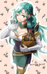  1girl ;) ;t aqua_hair armor bag bow breasts chloe_(fire_emblem) commentary_request cowboy_shot elbow_gloves fire_emblem fire_emblem_engage gloves green_eyes hair_bow holding holding_bag long_hair looking_at_viewer medium_breasts momongame_17 one_eye_closed paper_bag red_bow shoulder_armor smile solo standing very_long_hair white_gloves zettai_ryouiki 