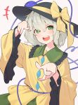  1girl black_hat bow green_eyes green_hair green_skirt hat highres jacket kanpa_(campagne_9) komeiji_koishi pointing pointing_at_viewer simple_background sketch skirt smile solo touhou white_background yellow_bow yellow_jacket 