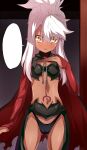  1girl armor black_panties blush breastplate breasts bridal_gauntlets cape chloe_von_einzbern dark-skinned_female dark_skin fate/kaleid_liner_prisma_illya fate_(series) hair_ornament hairpin half_updo highres long_hair long_sleeves looking_at_viewer navel orange_eyes panties pink_hair red_cape shimejinameko shrug_(clothing) sidelocks small_breasts smile solo stomach_tattoo tattoo thighs underwear 