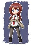  1girl :o belt belt_buckle black_footwear black_shorts blue_eyes blush boots brown_hair brown_jacket brown_pantyhose buckle chibi collared_shirt commentary_request crossed_arms full_body grey_background grey_belt hair_between_eyes jacket long_hair long_sleeves looking_at_viewer makise_kurisu naga_u necktie off_shoulder open_clothes open_jacket open_mouth pantyhose red_necktie shirt short_shorts shorts solo standing steins;gate two-tone_background v-shaped_eyebrows white_background white_shirt 