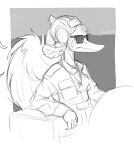 2024 absurd_res anthro artist_name black_and_white bybuckett clothing dinosaur eyewear fang_(gvh) feathered_wings feathers female fingers goodbye_volcano_high hat headgear headwear hi_res monochrome pterodactylus pterosaur reptile scalie signature sitting sketch snout solo sunglasses wings