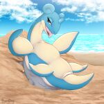 1:1 animal_genitalia aquatic_animal barndog beach beached cloaca female feral flippers generation_1_pokemon genitals hi_res horn lapras lying nintendo on_back pokemon pokemon_(species) sand sea shell smile smiling_at_viewer smirk smirking_at_viewer solo solo_focus teeth tongue tongue_out water